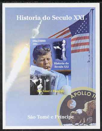 St Thomas & Prince Islands 2004 History of the 21st Century #05 Kennedy & Apollo 11 imperf m/sheet unmounted mint. Note this item is privately produced and is offered purely on its thematic appeal, stamps on , stamps on  stamps on millennium, stamps on  stamps on kennedy, stamps on  stamps on personalities, stamps on  stamps on usa presidents, stamps on  stamps on americana, stamps on  stamps on space, stamps on  stamps on apollo, stamps on  stamps on flags, stamps on  stamps on eagles, stamps on  stamps on newspapers, stamps on  stamps on marilyn, stamps on  stamps on monroe