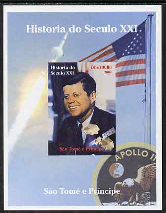 St Thomas & Prince Islands 2004 History of the 21st Century #06 Kennedy & Apollo 11 imperf m/sheet unmounted mint. Note this item is privately produced and is offered pur..., stamps on millennium, stamps on kennedy, stamps on personalities, stamps on usa presidents, stamps on americana, stamps on space, stamps on apollo, stamps on flags, stamps on eagles