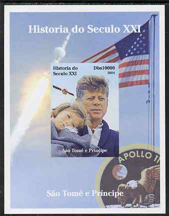 St Thomas & Prince Islands 2004 History of the 21st Century #08 Kennedy & Apollo 11 imperf m/sheet unmounted mint. Note this item is privately produced and is offered purely on its thematic appeal, stamps on , stamps on  stamps on millennium, stamps on  stamps on kennedy, stamps on  stamps on personalities, stamps on  stamps on usa presidents, stamps on  stamps on americana, stamps on  stamps on space, stamps on  stamps on apollo, stamps on  stamps on flags, stamps on  stamps on eagles