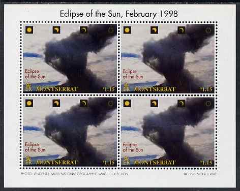 Montserrat 1998 Total Eclipse of the Sun $1.15 Volcano emitting black cloud perf sheetlet containing 4 values unmounted mint, SG 1105, stamps on , stamps on  stamps on space, stamps on  stamps on eclipse, stamps on  stamps on volcanoes, stamps on  stamps on disasters, stamps on  stamps on 