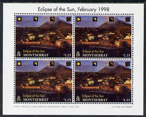 Montserrat 1998 Total Eclipse of the Sun $1.15 Village below Volcano perf sheetlet containing 4 values unmounted mint, SG 1106, stamps on space, stamps on eclipse, stamps on volcanoes, stamps on disasters, stamps on 