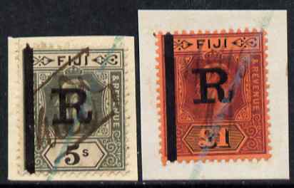 Fiji KE7 1 & 5s optd R for revenue use, on pieces appropriately used (Barefoot 65), stamps on revenue
