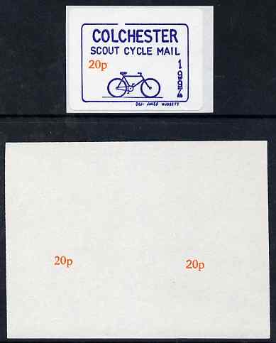 Cinderella - Great Britain 1994 Colchester Scouts Cycle Mail imperf proof of value (20p x 2) as used for self-adhesive label (not included), stamps on , stamps on  stamps on bicycles