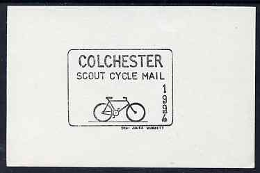 Cinderella - Great Britain 1994 Colchester Scouts Cycle Mail undenominated proof in black on thin card, stamps on bicycles