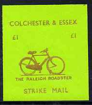 Cinderella - Great Britain 1994 Colchester & Essex \A31 imperf gummed label (gold on green) showing Raleigh Roadster undated , stamps on bicycles