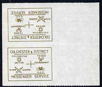 Cinderella - Great Britain 1996 Colchester & District Messenger Service rouletted label (gold on white) showing Football, Tennis, Cricket & Bicycle, tete-beche pair print..., stamps on bicycles, stamps on sport