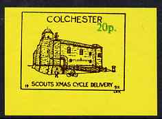 Cinderella - Great Britain Colchester Scouts Xmas Cycle Mail 20p imperf label in brown & green on yellow, stamps on , stamps on  stamps on bicycles, stamps on  stamps on scouts, stamps on  stamps on christmas