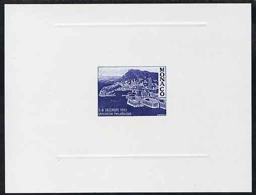 Monaco 1985 die proof in blue on sunken card for Philatelic Exhibition label, stamps on stamp exhibitions