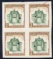 Uruguay 1954 Citadel 7c brown & green in imperf proof block of 4 with Waterlow & Sons security punch holes, variety highlighted by checker for retouching out SG1033, stamps on 