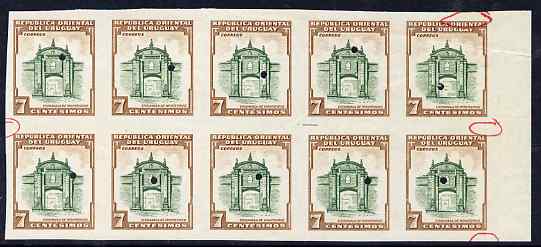 Uruguay 1954 Citadel 7c brown & green in imperf proof block of 10 with Waterlow & Sons security punch holes, variety highlighted by checker for retouching out SG1033, stamps on , stamps on  stamps on uruguay 1954 citadel 7c brown & green in imperf proof block of 10 with waterlow & sons security punch holes, stamps on  stamps on  variety highlighted by checker for retouching out sg1033