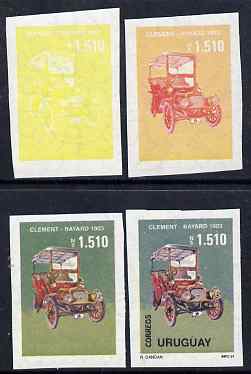 Uruguay 1991 Old Cars 1510p Clement-Bayard set of 4 imperf progressive proofs comprising single, 2-colour, 3-colour and all 4-colour composites on gummed watermarked pape..., stamps on cars