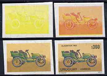 Uruguay 1991 Old Cars 360p Gladiator set of 4 imperf progressive proofs comprising single, 2-colour, 3-colour and all 4-colour composites on gummed watermarked paper, as SG 2053, stamps on , stamps on  stamps on cars