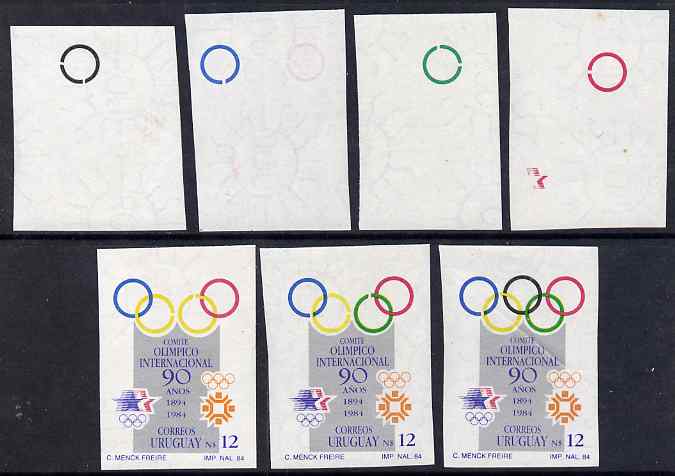 Uruguay 1985 International Olympic Committee 12p set of 7 imperf progressive proofs comprising various single & multi colour composites on gummed watermarked paper, as SG..., stamps on olympics