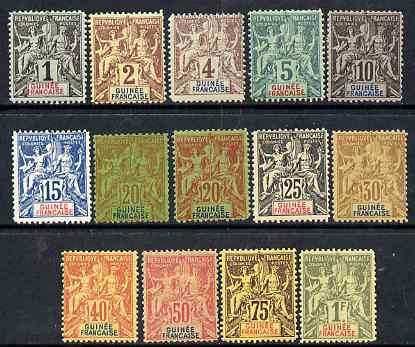 French Guinea 1892 Tablet type complete set of 13 plus additional shade of 20c all fine mint, several values unmounted, SG 1-13 cat £200, stamps on 