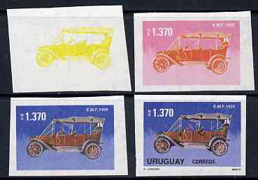 Uruguay 1991 Old Cars 1370p EMF set of 4 imperf progressive proofs comprising single, 2-colour, 3-colour and all 4-colour composites on gummed watermarked paper, as SG 20..., stamps on cars, stamps on 