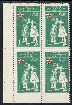 Turkey 1955 Postal Tax - Children Kissing 1k corner block of 4 with perfs partially doubled unmounted mint, stamps on children, stamps on red cross