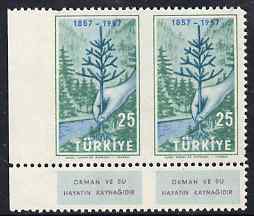 Turkey 1957 Forestry 25k marginal pair, imperf between stamps & between stamp and margin unmounted mint, stamps on trees