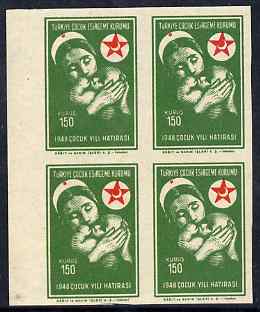 Turkey 1949 Postal Tax - Nurse & Baby 150k marginal block of 4 IMPERF unmounted mint but minor wrinkles, stamps on children, stamps on red cross
