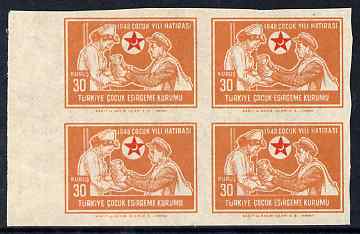 Turkey 1949 Postal Tax - Nurse with father 30k marginal block of 4 IMPERF unmounted mint, stamps on children, stamps on red cross