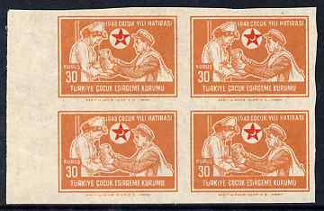 Turkey 1949 Postal Tax - Nurse with father 30k marginal block of 4 IMPERF unmounted mint, stamps on , stamps on  stamps on children, stamps on  stamps on red cross