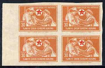 Turkey 1949 Postal Tax - Nurse with father 30k marginal block of 4 IMPERF unmounted mint, stamps on , stamps on  stamps on children, stamps on  stamps on red cross