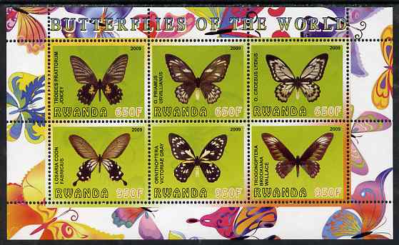 Rwanda 2009 Butterflies perf sheetlet containing 6 values unmounted mint, stamps on butterflies