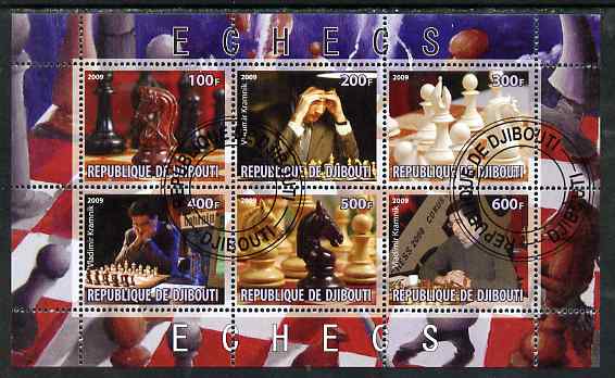 Djibouti 2009 Chess - Vladimir Kramnik perf sheetlet containing 6 values fine cto used, stamps on personalities, stamps on chess