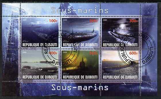 Djibouti 2009 Submarines perf sheetlet containing 6 values fine cto used, stamps on , stamps on  stamps on ships, stamps on  stamps on submarines