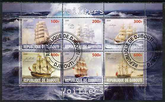 Djibouti 2009 Sailing Ships perf sheetlet containing 6 values fine cto used, stamps on ships, stamps on 