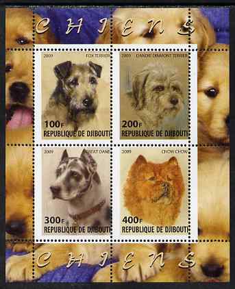 Djibouti 2009 Dogs perf sheetlet containing 4 values unmounted mint, stamps on dogs, stamps on fox terrier, stamps on dane, stamps on chow, stamps on 