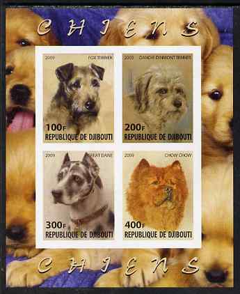 Djibouti 2009 Dogs imperf sheetlet containing 4 values unmounted mint, stamps on , stamps on  stamps on dogs, stamps on  stamps on fox terrier, stamps on  stamps on dane, stamps on  stamps on chow, stamps on  stamps on 