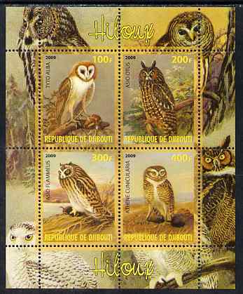 Djibouti 2009 Owls perf sheetlet containing 4 values unmounted mint, stamps on , stamps on  stamps on birds, stamps on  stamps on birds of prey, stamps on  stamps on owls