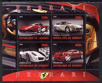 Djibouti 2009 Ferrari cars perf sheetlet containing 4 values fine cto used, stamps on cars, stamps on ferrari