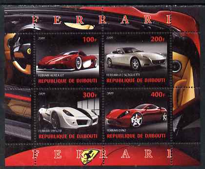 Djibouti 2009 Ferrari cars perf sheetlet containing 4 values unmounted mint, stamps on , stamps on  stamps on cars, stamps on  stamps on ferrari