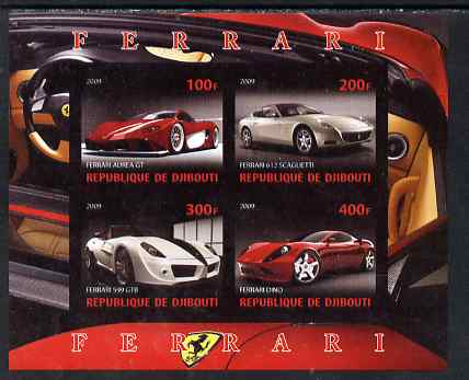 Djibouti 2009 Ferrari cars imperf sheetlet containing 4 values unmounted mint, stamps on , stamps on  stamps on cars, stamps on  stamps on ferrari