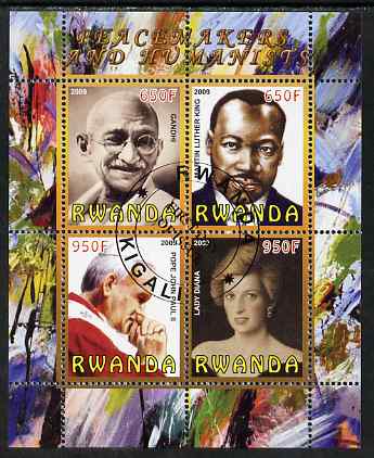 Rwanda 2009 Peacemakers & Humanists #1 perf sheetlet containing 4 values (Gandhi, Martin Luther King, Pope John Paul & Diana) fine cto used, stamps on , stamps on  stamps on personalities, stamps on  stamps on gandhi, stamps on  stamps on king, stamps on  stamps on luther king, stamps on  stamps on pope, stamps on  stamps on diana, stamps on  stamps on royalty