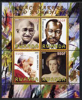 Rwanda 2009 Peacemakers & Humanists #1 perf sheetlet containing 4 values (Gandhi, Martin Luther King, Pope John Paul & Diana) unmounted mint, stamps on personalities, stamps on gandhi, stamps on king, stamps on luther king, stamps on pope, stamps on diana, stamps on royalty