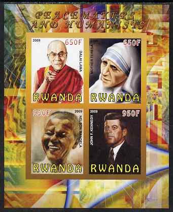 Rwanda 2009 Peacemakers & Humanists #2 imperf sheetlet containing 4 values (Dalai Lama, Mother eresa, N Mandela & Kennedy) unmounted mint, stamps on personalities, stamps on teresa, stamps on nobel, stamps on mandela, stamps on kennedy, stamps on usa presidents, stamps on americana