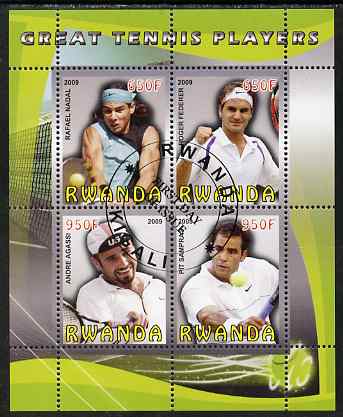 Rwanda 2009 Great Tennis Players perf sheetlet containing 4 values (Federer, Nadal, Agassi & Sampras) fine cto used, stamps on personalities, stamps on tennis, stamps on sport