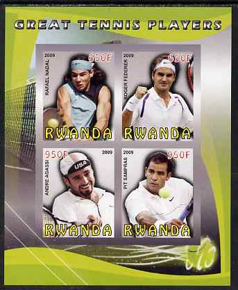 Rwanda 2009 Great Tennis Players imperf sheetlet containing 4 values (Federer, Nadal, Agassi & Sampras) unmounted mint, stamps on , stamps on  stamps on personalities, stamps on  stamps on tennis, stamps on  stamps on sport