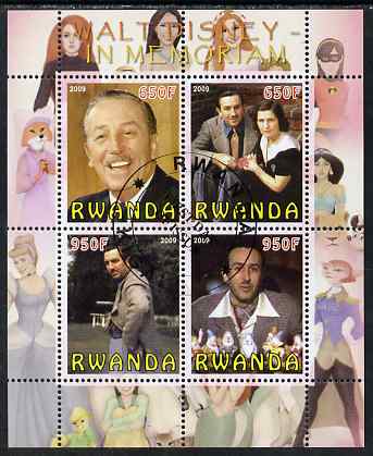 Rwanda 2009 In Memoriam - Walt Disney perf sheetlet containing 4 values fine cto used, stamps on personalities, stamps on disney, stamps on movies, stamps on cinema, stamps on cartoons, stamps on films
