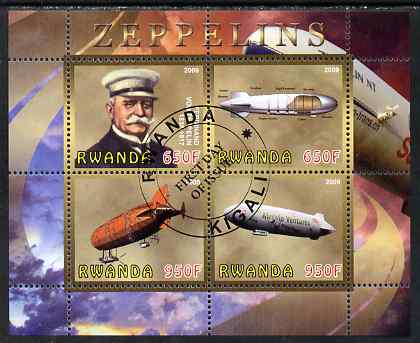 Rwanda 2009 Zeppelins perf sheetlet containing 4 values fine cto used, stamps on , stamps on  stamps on personalities, stamps on  stamps on aviation, stamps on  stamps on airships, stamps on  stamps on zeppelins