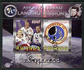 Rwanda 2009 Apollo Lunar Landing Missions - Apollo 14 perf sheetlet containing 2 values fine cto used, stamps on space, stamps on apollo, stamps on kennedy, stamps on 