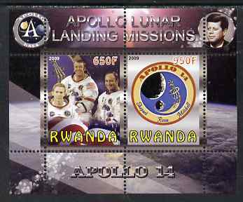 Rwanda 2009 Apollo Lunar Landing Missions - Apollo 14 perf sheetlet containing 2 values unmounted mint, stamps on space, stamps on apollo, stamps on kennedy, stamps on 