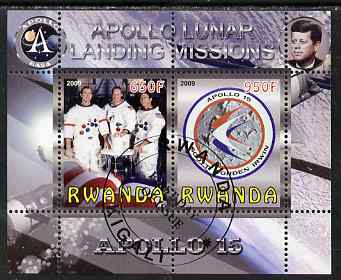 Rwanda 2009 Apollo Lunar Landing Missions - Apollo 15 perf sheetlet containing 2 values fine cto used, stamps on space, stamps on apollo, stamps on kennedy, stamps on 