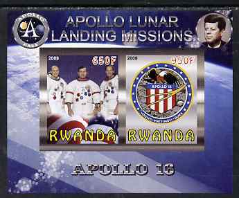 Rwanda 2009 Apollo Lunar Landing Missions - Apollo 16 imperf sheetlet containing 2 values unmounted mint, stamps on , stamps on  stamps on space, stamps on  stamps on apollo, stamps on  stamps on kennedy, stamps on  stamps on eagles