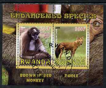 Rwanda 2009 Endangered Species - Spider Monkey & Dhole perf sheetlet containing 2 values fine cto used, stamps on animals, stamps on apes, stamps on dholes