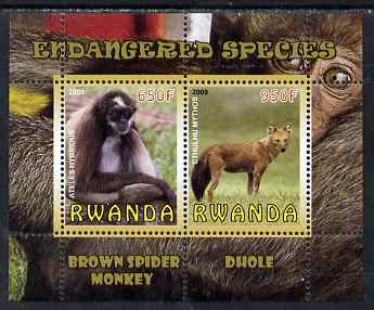 Rwanda 2009 Endangered Species - Spider Monkey & Dhole perf sheetlet containing 2 values unmounted mint, stamps on animals, stamps on apes, stamps on dholes