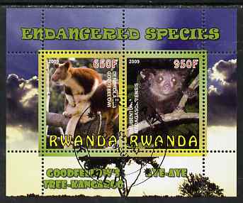 Rwanda 2009 Endangered Species - Tree Kangaroo & Aye Aye (Lemur) perf sheetlet containing 2 values fine cto used, stamps on animals, stamps on kangaroos, stamps on lemurs, stamps on apes
