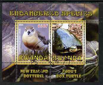 Rwanda 2009 Endangered Species - New Zealand Dotterel & Box Turtle perf sheetlet containing 2 values fine cto used, stamps on , stamps on  stamps on animals, stamps on  stamps on birds, stamps on  stamps on turtles